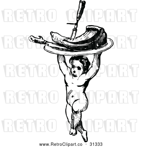 Vector Clip Art of Retro Cherub Carrying a Plate of Meat
