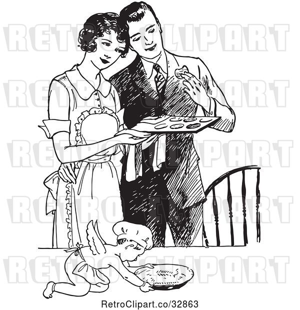 Vector Clip Art of Retro Cherub Chef and Wife Serving Her Husband Fresh Cookies