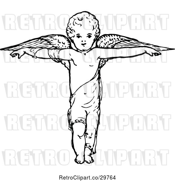 Vector Clip Art of Retro Cherub with Arms out and Wings