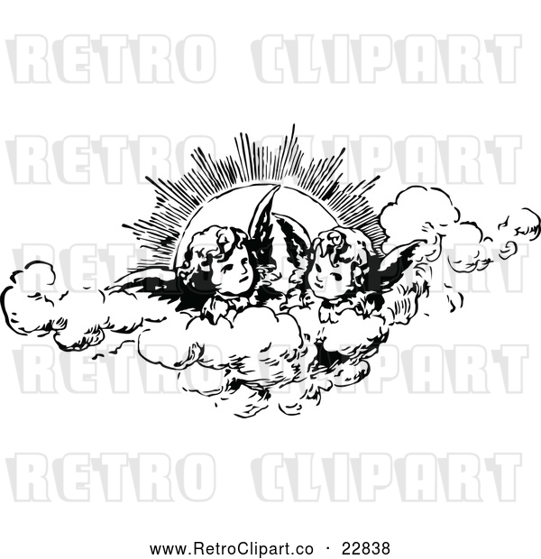 Vector Clip Art of Retro Cherubs in the Clouds Against the Sun