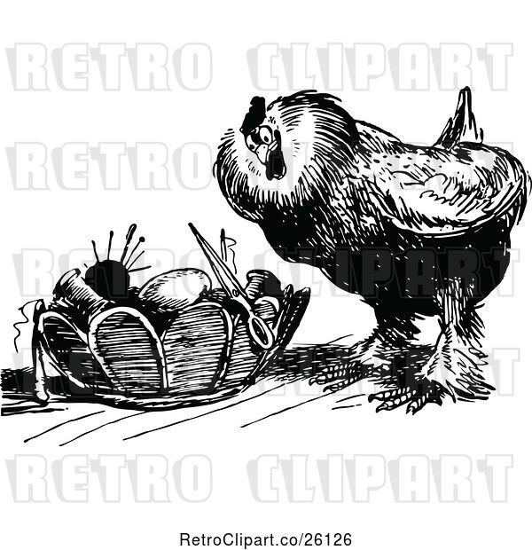 Vector Clip Art of Retro Chicken and Sewing Basket