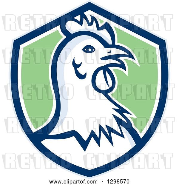 Vector Clip Art of Retro Chicken Hen Head in a Blue White and Green Shield
