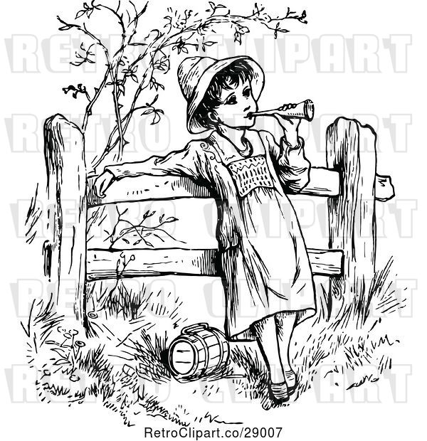 Vector Clip Art of Retro Child and Horn by a Fence