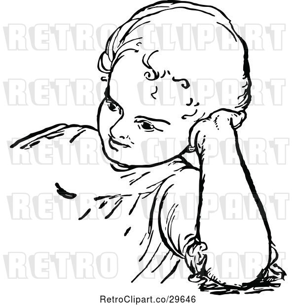 Vector Clip Art of Retro Child Leaning Against Their Hand