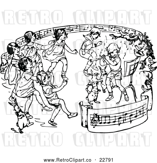 Vector Clip Art of Retro Children Dancing in a Ring of Sheet Music