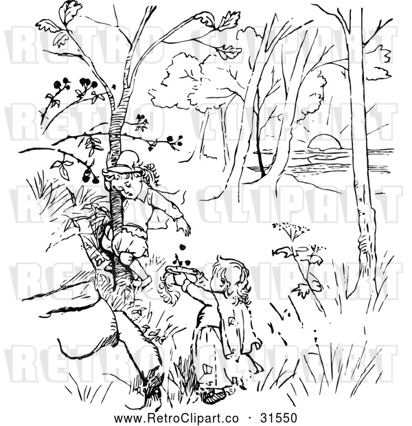 Vector Clip Art of Retro Children Picking Berries from a Tree