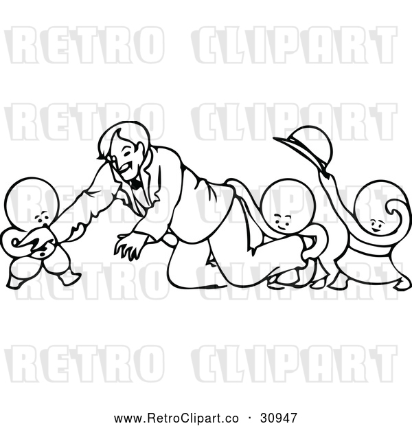 Vector Clip Art of Retro Children Playing Around with a Smiling Man