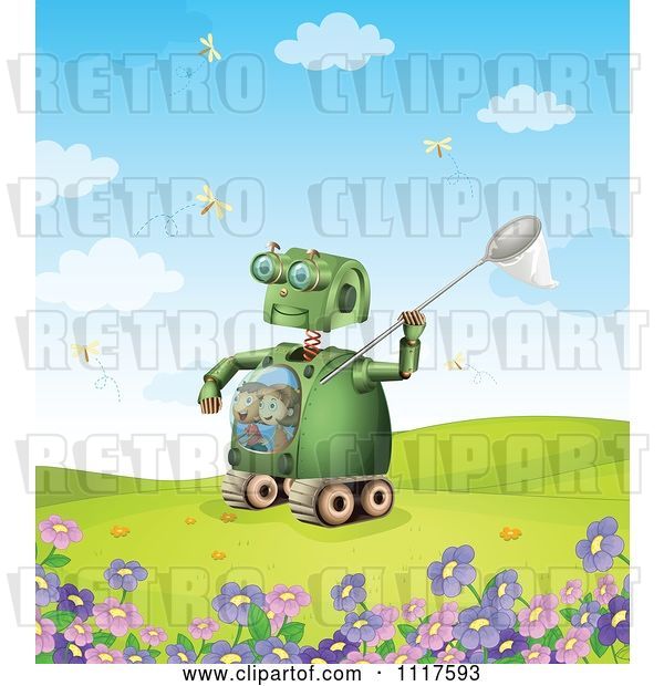 Vector Clip Art of Retro Children Riding Inside a Green Rover Robot Catching Butterflies