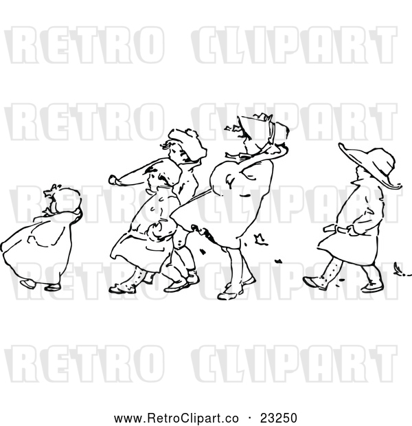 Vector Clip Art of Retro Children Walking Against the Wind