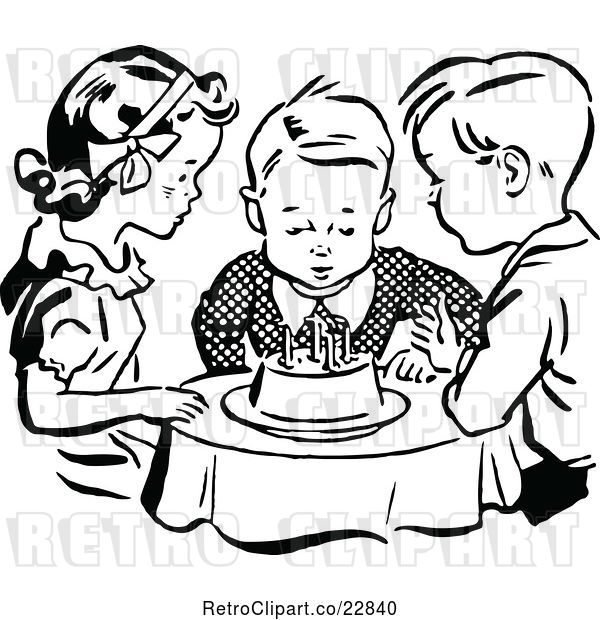 Vector Clip Art of Retro Children Watching a Boy Blow out His Birthday Cake Candles