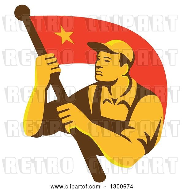 Vector Clip Art of Retro Chinese Communist Worker Waving a Flag