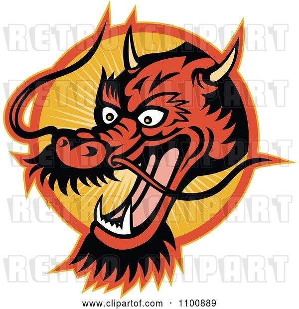 Vector Clip Art of Retro Chinese Dragon Head over an Orange Circle of Rays