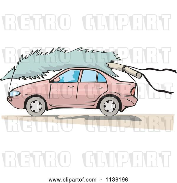 Vector Clip Art of Retro Chrisstmas Tree on the Roof of a Pink Car