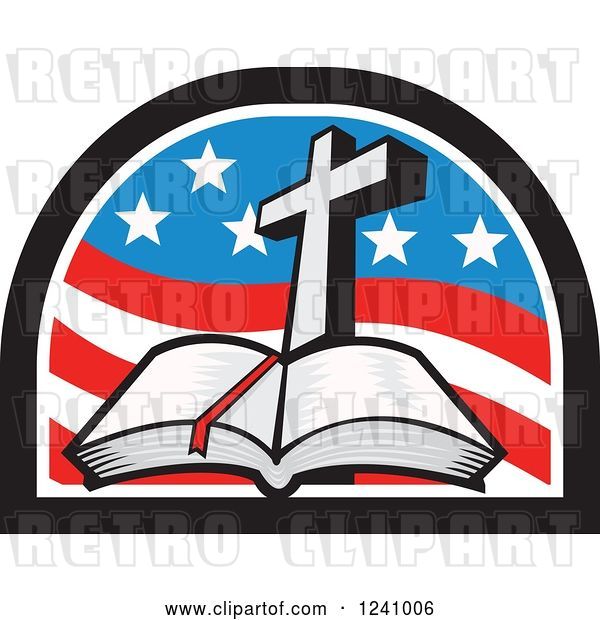 Vector Clip Art of Retro Christian Cross and Open Bible in an American Flag Arch