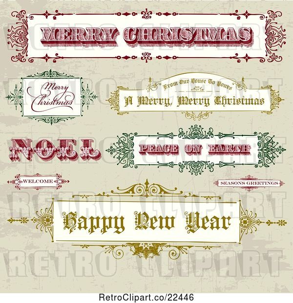 Vector Clip Art of Retro Christmas and New Year Greeting Banners and Signs on Grunge