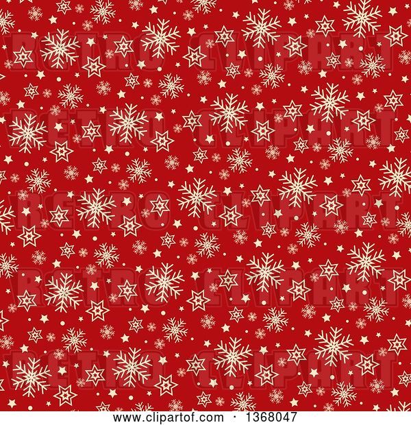 Vector Clip Art of Retro Christmas Background of Beige Snowflakes and Stars on Red