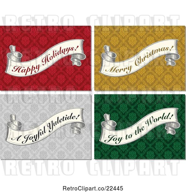 Vector Clip Art of Retro Christmas Greeting Banner Scrolls on Damask Patterns