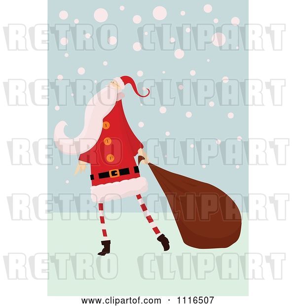 Vector Clip Art of Retro Christmas Santa Claus Pulling a Sack Through Snow