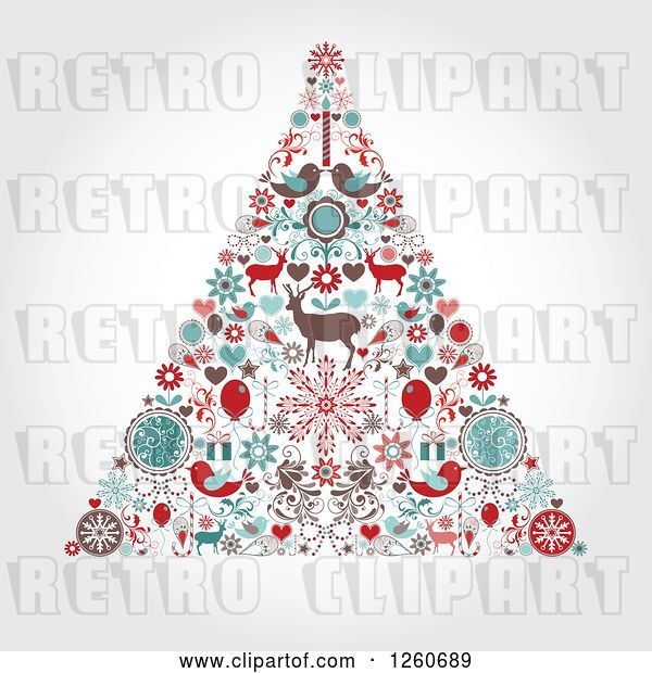 Vector Clip Art of Retro Christmas Tree Made of up Holiday Items on Shading