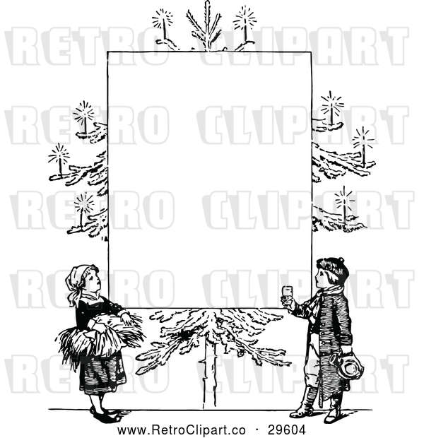 Vector Clip Art of Retro Christmas Tree with Candles and Children Frame