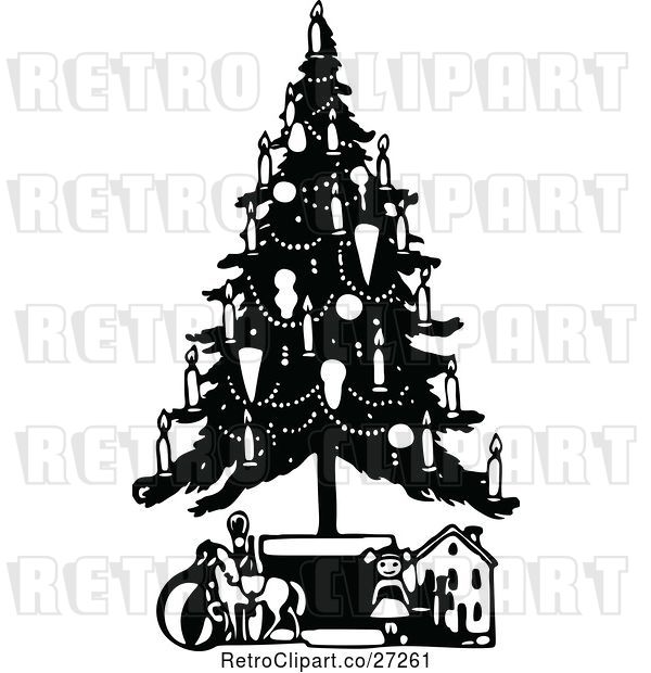 Vector Clip Art of Retro Christmas Tree with Candles and Toys