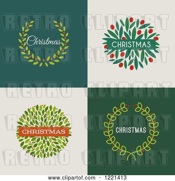 Vector Clip Art of Retro Christmas Wreaths with Text on Different Backgrounds