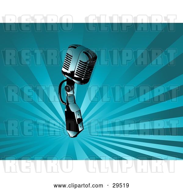 Vector Clip Art of Retro Chrome Microphone over a Background of Rays of Blue Light
