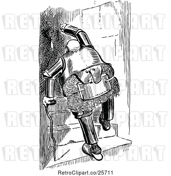 Vector Clip Art of Retro Chubby Old Knight Climbing Stairs with a Cane