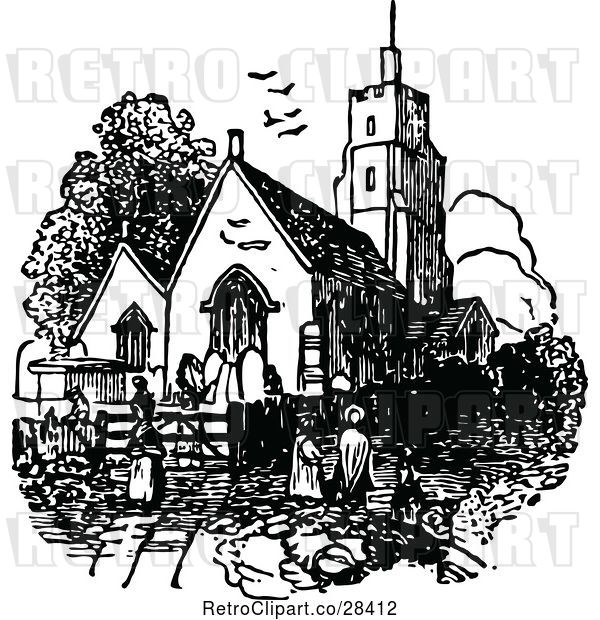 Vector Clip Art of Retro Church and People