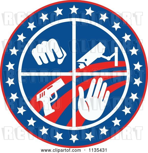 Vector Clip Art of Retro Circle of a Fist Surveillance Security Camera Pistol and Hand with Stars and Stripes