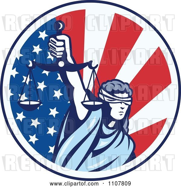 Vector Clip Art of Retro Circle of Lady Justice Holding Scales up over an American Flag