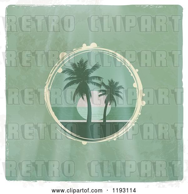 Vector Clip Art of Retro Circular Scene of a Tropical Ocean Sunset with Palm Trees on Distressed Green Wood, with a White Border