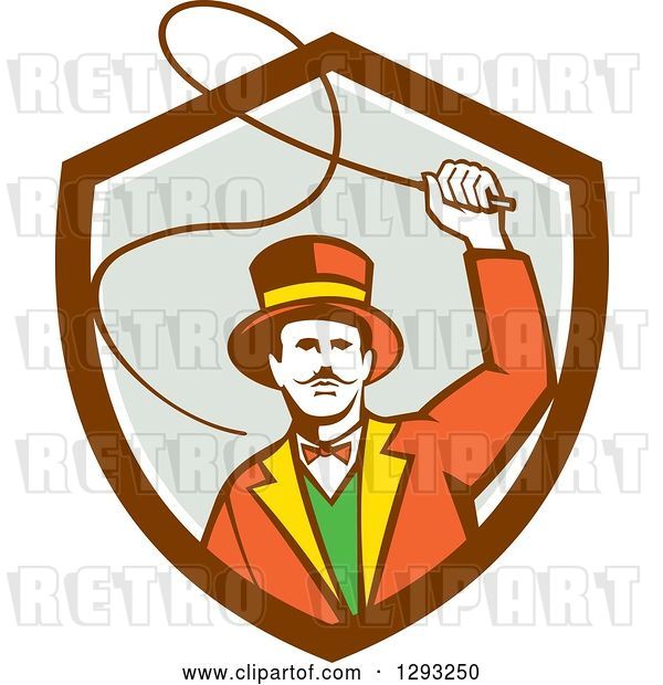 Vector Clip Art of Retro Circus Ringmaster Using a Bull Whip in a Brown White and Gray Shield