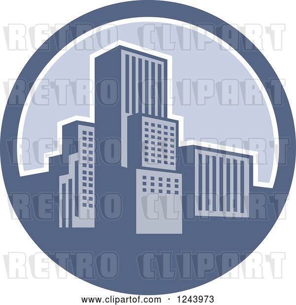Vector Clip Art of Retro City in a Blue Circle