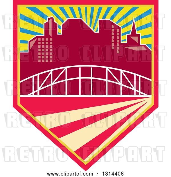 Vector Clip Art of Retro City Skyline and Bridge in a Shield with Rays