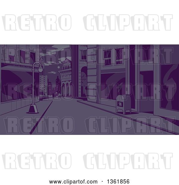 Vector Clip Art of Retro City Street Scene at Night