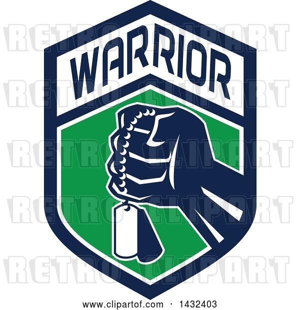 Vector Clip Art of Retro Clenched Fist Holding Military Dog Tags in a Blue Green and and White Warrior Crest