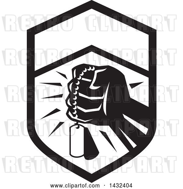 Vector Clip Art of Retro Clenched Fist Holding Military Dog Tags in a Crest