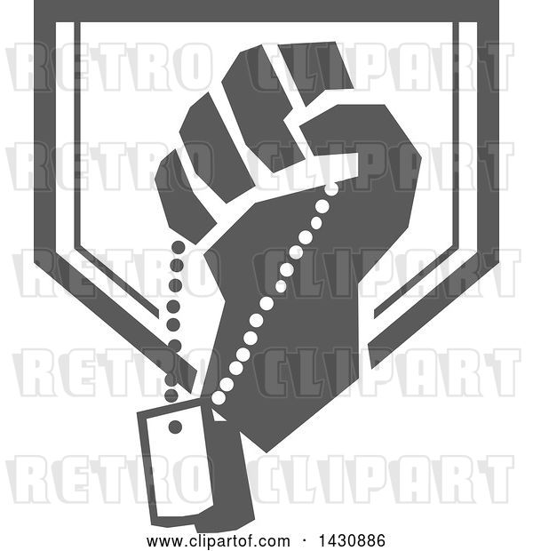 Vector Clip Art of Retro Clenched Fist Holding Military Dog Tags in a Gray and White Crest