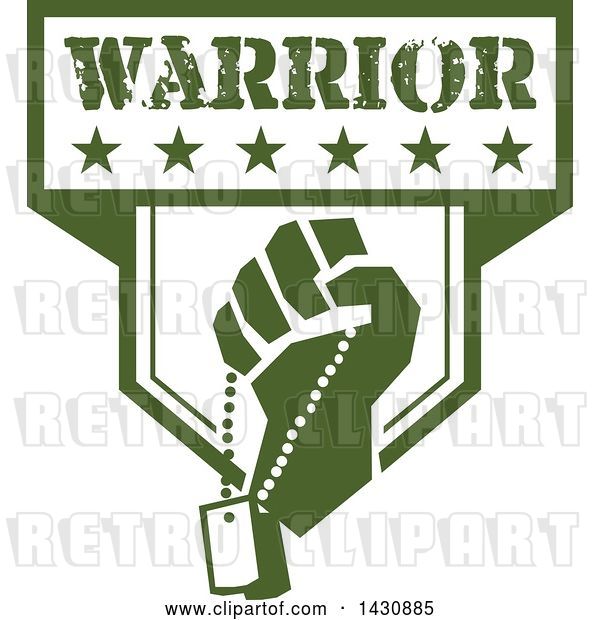 Vector Clip Art of Retro Clenched Fist Holding Military Dog Tags in a Green and White Warrior Crest