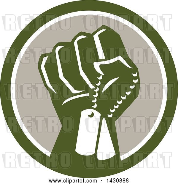 Vector Clip Art of Retro Clenched Fist Holding Military Dog Tags in a Green White and Taupe Circle