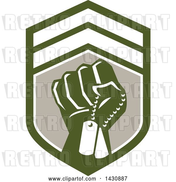Vector Clip Art of Retro Clenched Fist Holding Military Dog Tags in a Green White and Taupe Crest