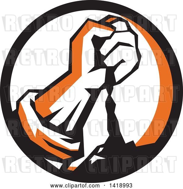 Vector Clip Art of Retro Clenched Fist Pouring Dirt in a Black Orange and White Circle