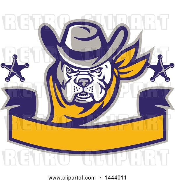 Vector Clip Art of Retro Clipart of a | Cowboy Bulldog Sheriff with Stars over a Blank Banner| Royalty Free Vector Illustration
