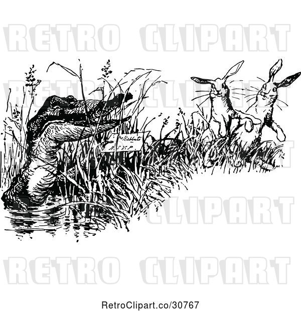 Vector Clip Art of Retro Clipart of a | Crocodile and Rabbits| Royalty Free Vector Illustration
