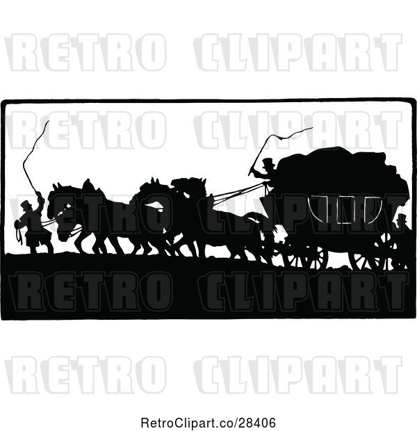 Vector Clip Art of Retro Clipart of a | Silhouetted Horse Drawn Carriage| Royalty Free Vector Illustration