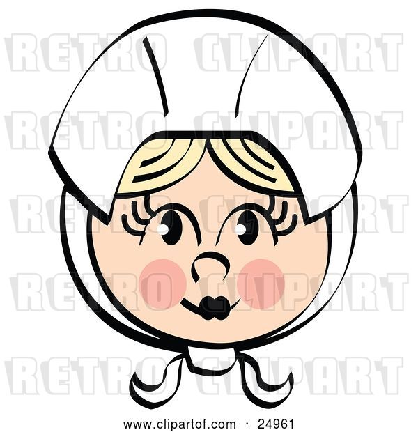 Vector Clip Art of Retro Clipart Picture of a Pretty Female Pilgrim Blushing and Wearing a White Bonnet over Her Blond Hair