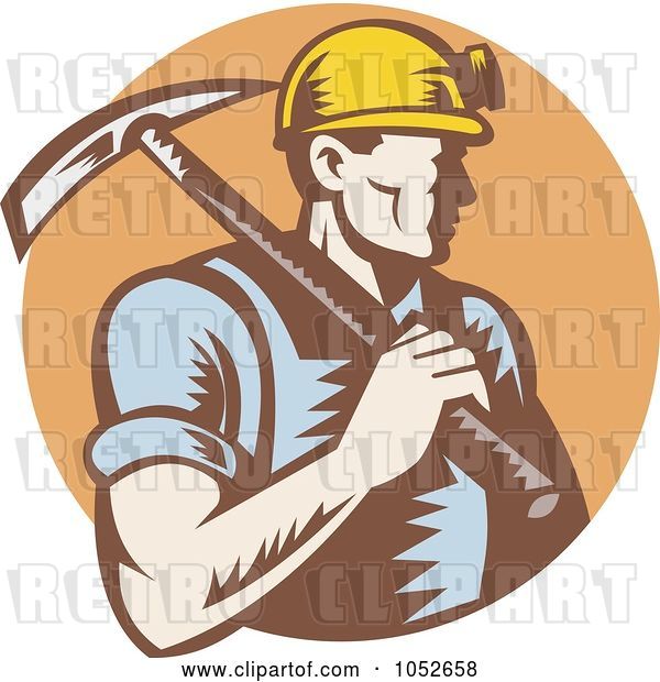Vector Clip Art of Retro Coal Miner Carrying a Pickaxe over a Brown Circle