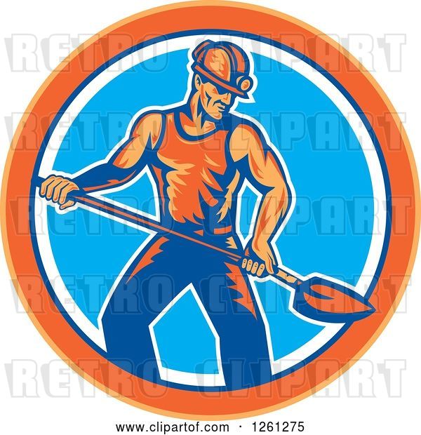 Vector Clip Art of Retro Coal Miner Guy Shoveling in an Orange Blue and White Circle