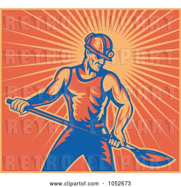 Vector Clip Art of Retro Coal Miner Holding a Shovel, over Orange Rays